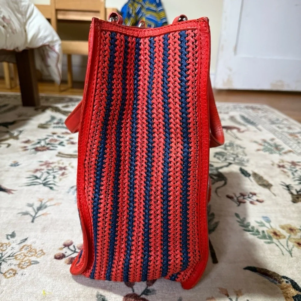 MARC JACOBS Large Tote SAMI Red Orange Navy Woven Weaved w/ Leather Trim Handle